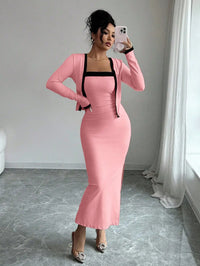 Elegant Pink 2 Piece Set Long Sleeve Cardigan And Slip Dress For Party Formal Evening
