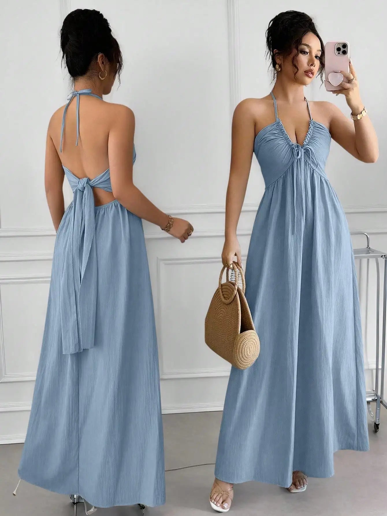 Halter Lace Up Backless A-Line Maxi Dress