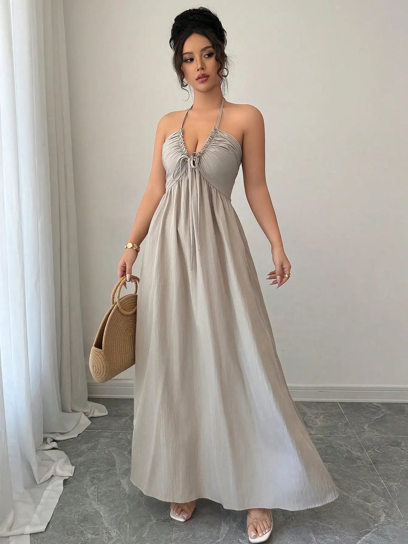 Halter Lace Up Backless A-Line Maxi Dress