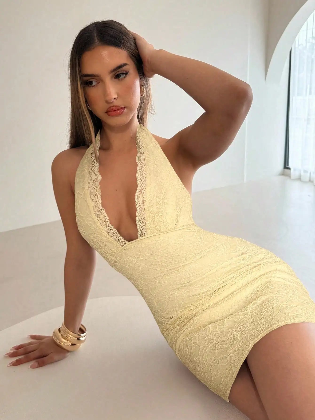 Women's Solid Black Deep V-Neck Sleeveless Backless Lace Mini Bodycon Dress For Party