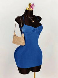 Lime Green Ruched Bust Cross Back Tie Strap Mini Dress
