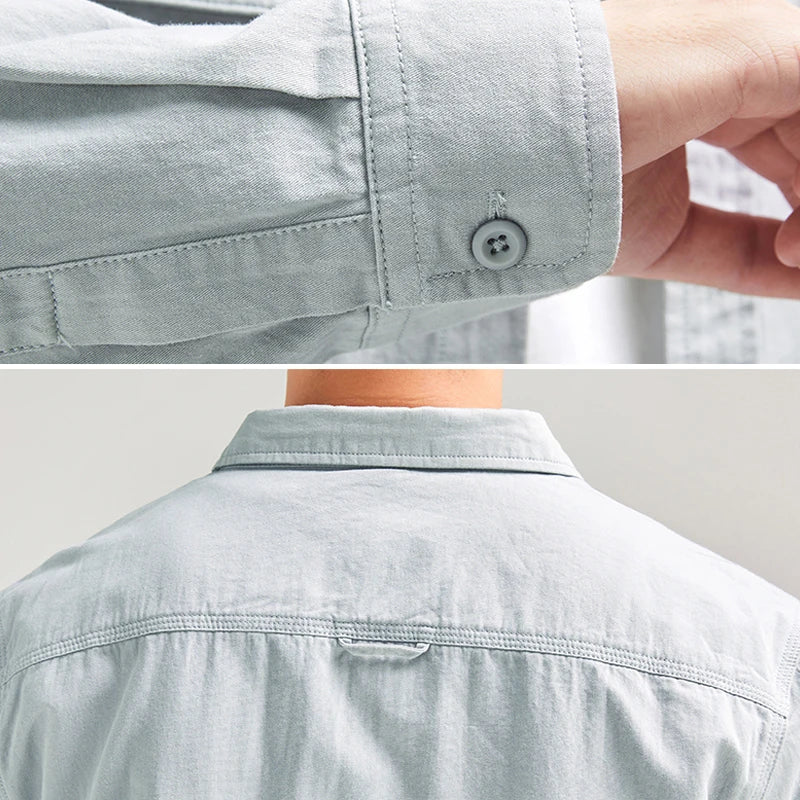 HIQOR New in Mens Vintage Shirt Male Lone Sleeve Cargo Shirts 100% Cotton Casual Solid Shirt Male Pocket Work Shirt Man Clothing