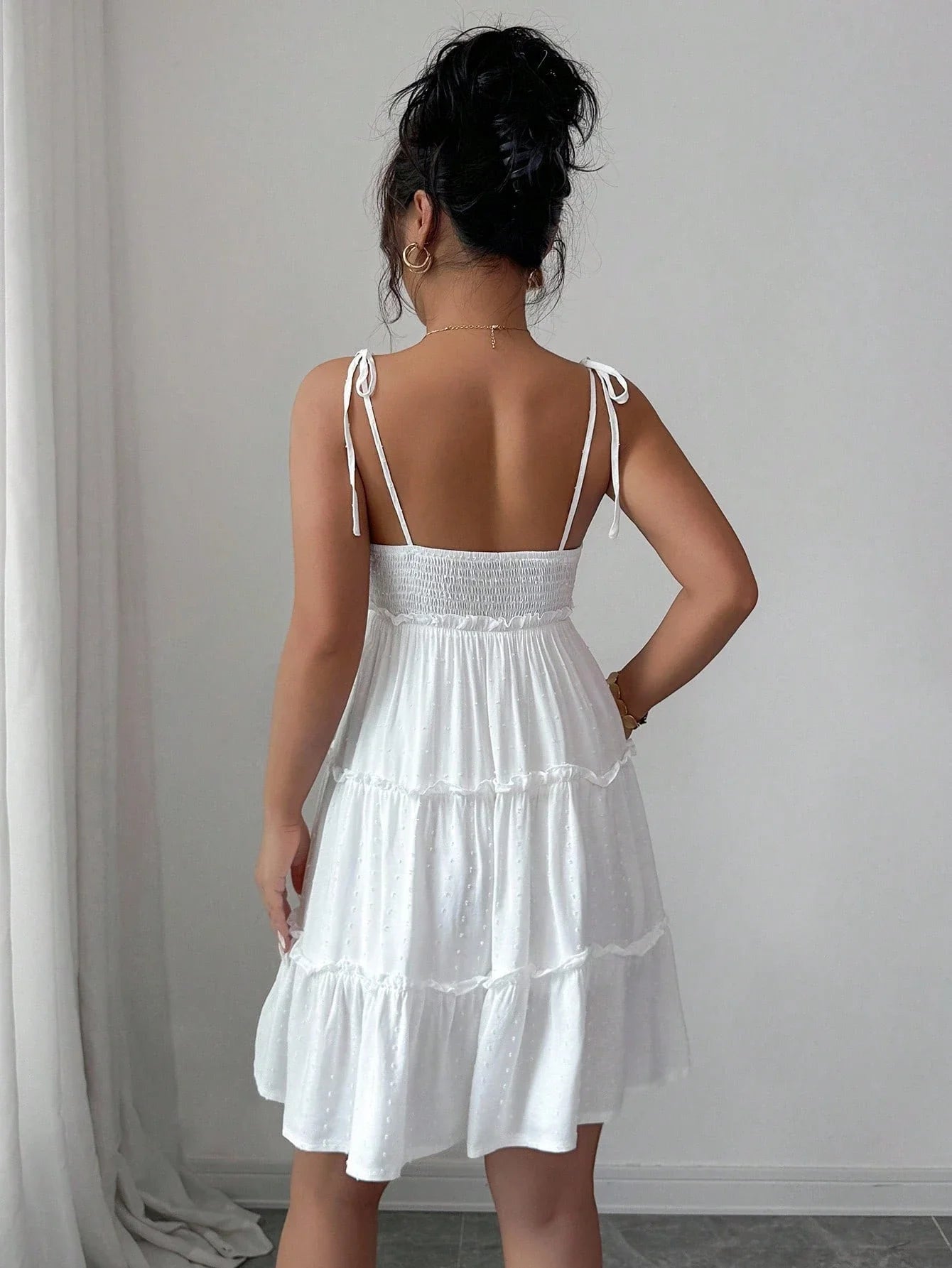 White Swiss Dot Tiered Ruffle Cami Dress Beach Vacation Outfit