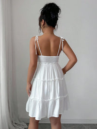 White Swiss Dot Tiered Ruffle Cami Dress Beach Vacation Outfit