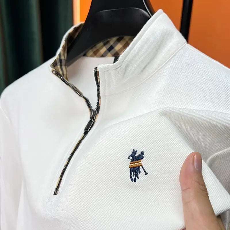 Pure Cotton Plus Size Men Zipper Stand Collar Polo Shirts Long Sleeve Autumn Winter Men T-shirts Embroidered Tops