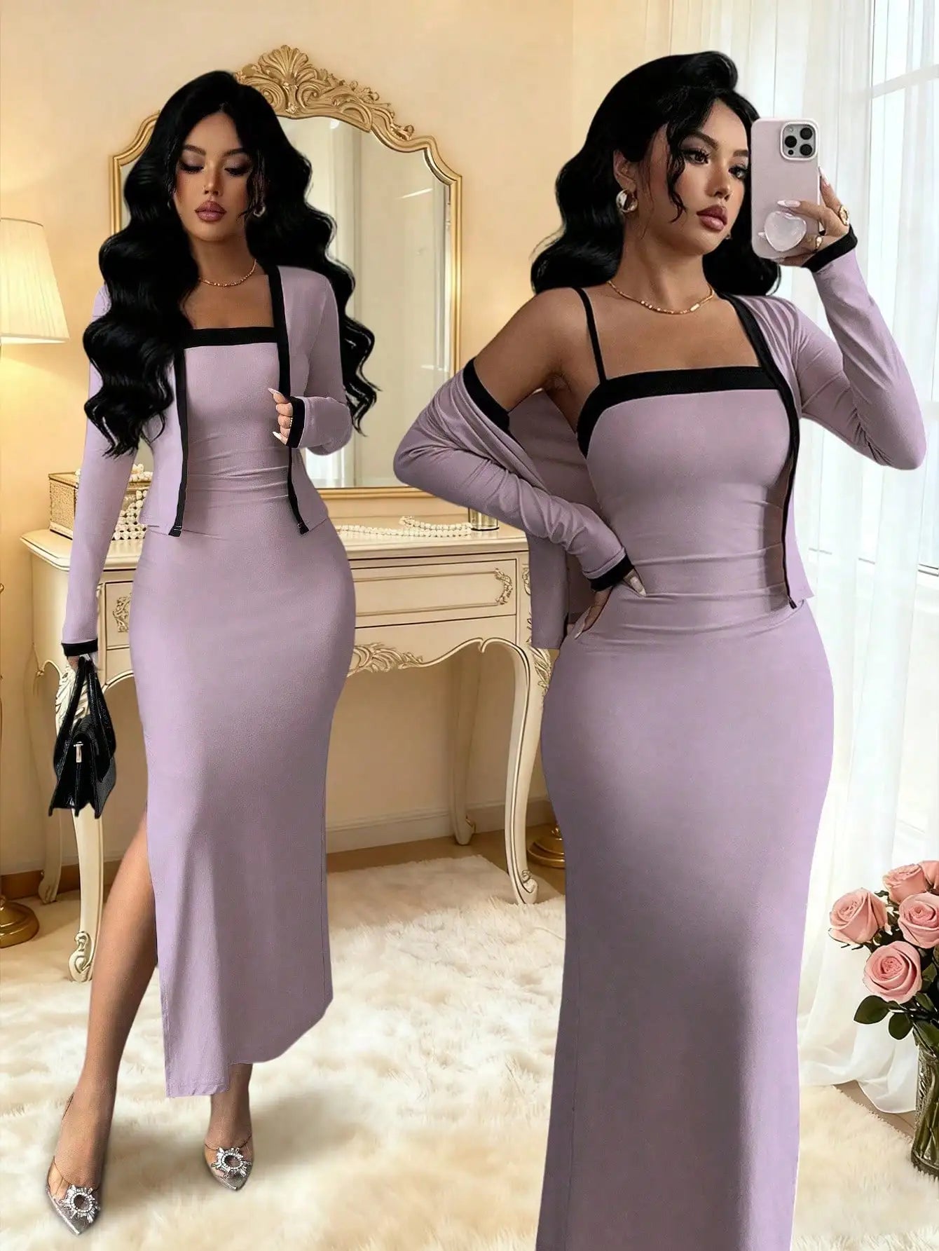 Elegant Pink 2 Piece Set Long Sleeve Cardigan And Slip Dress For Party Formal Evening