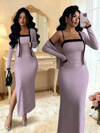 Elegant Pink 2 Piece Set Long Sleeve Cardigan And Slip Dress For Party Formal Evening
