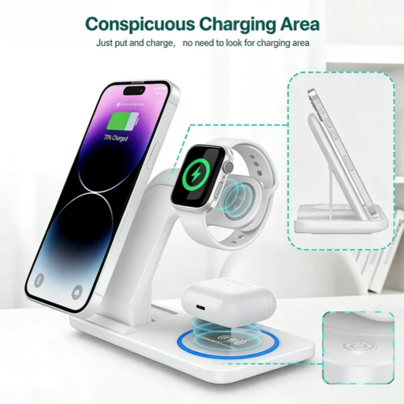 30W LED Fast Wireless Charger Stand 3 In 1 Foldable Charging Station,For IPhone/Apple Watch 9 8 7 6 5/Airpods Pro