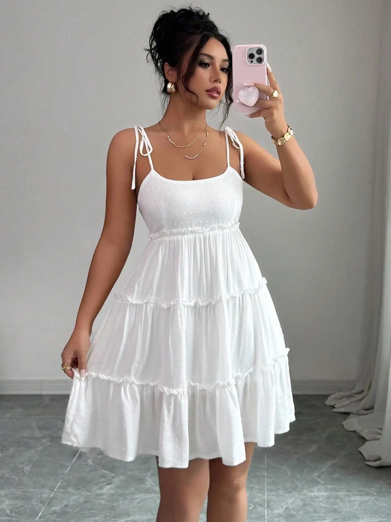 White Swiss Dot Tiered Ruffle Cami Dress Beach Vacation Outfit
