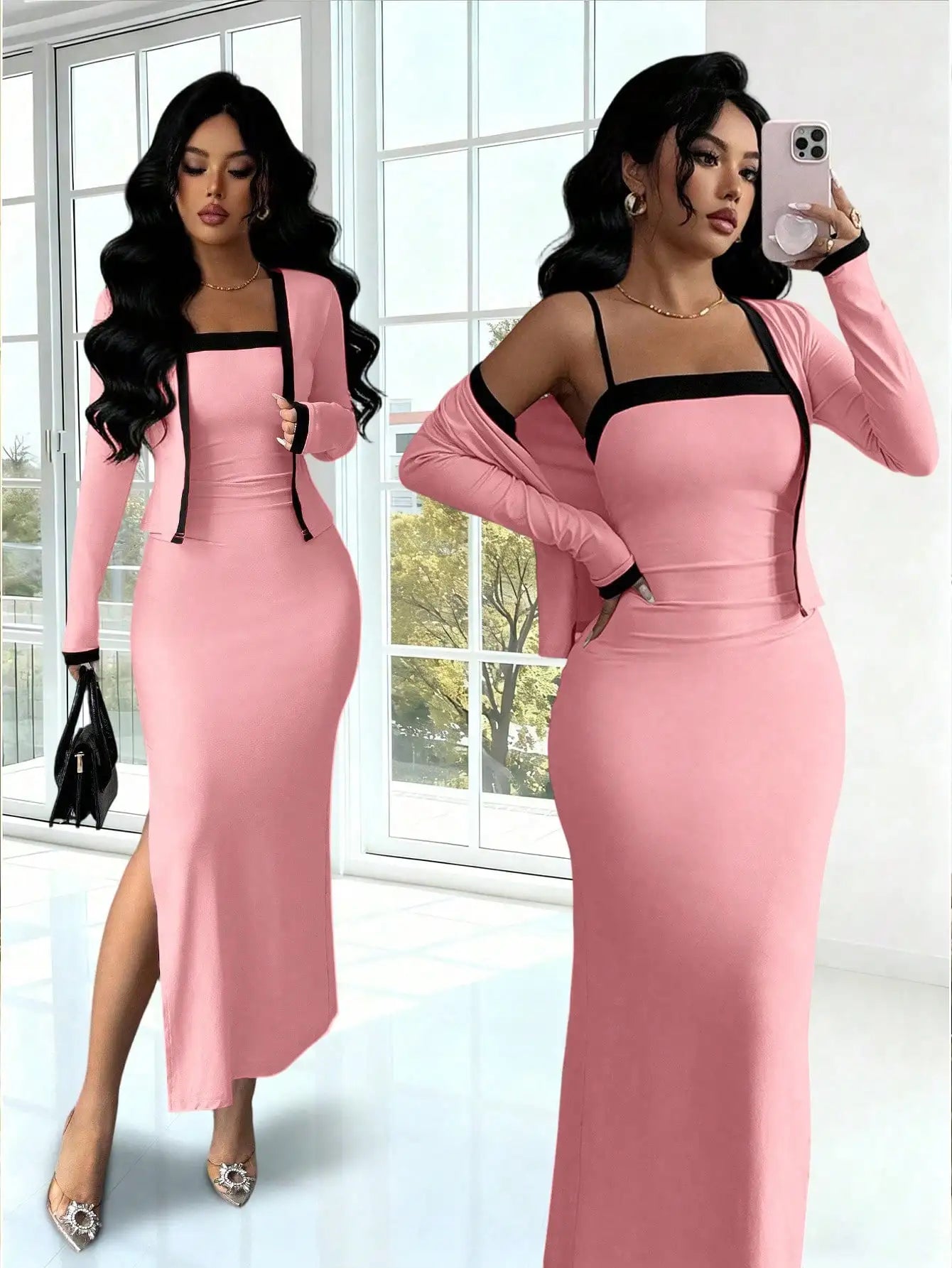 Elegant Pink 2 Piece Set Long Sleeve Cardigan And Slip Dress For Party Formal Evening