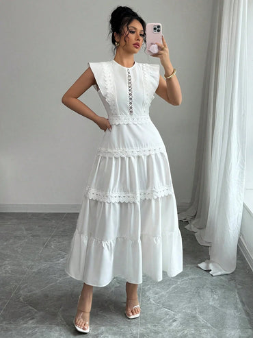 White Lace Trim Tiered Maxi Dress With Puff Sleeve Round Neck