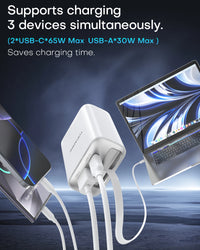 65W GaN PD3.1 Fast Charger With Retractable Cable , 3-Port Type-C + USB-A Travel Adapter For IPhone ,  Laptops, Galaxy Series