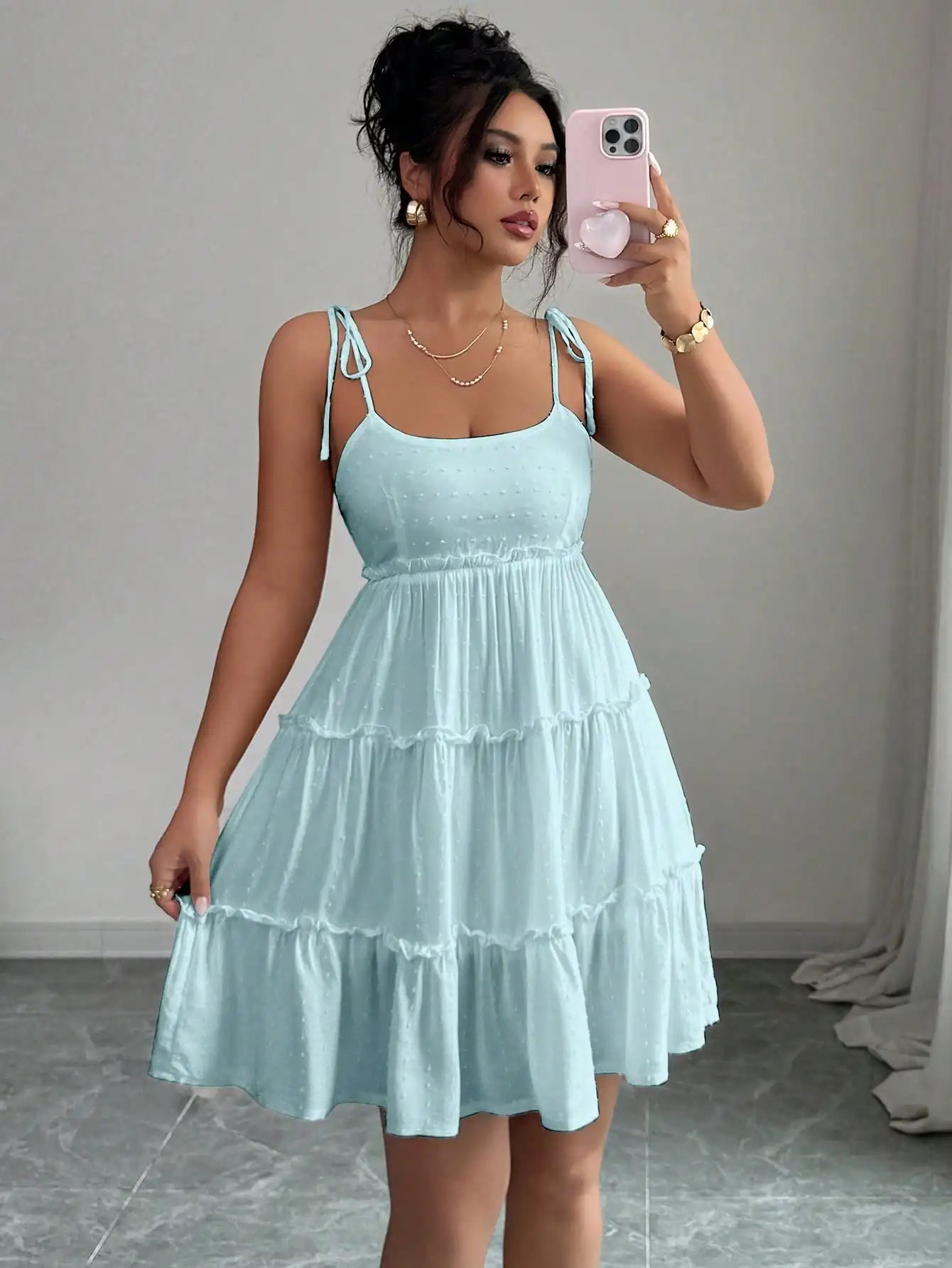 White Swiss Dot Tiered Ruffle Cami Dress Beach Vacation Outfit