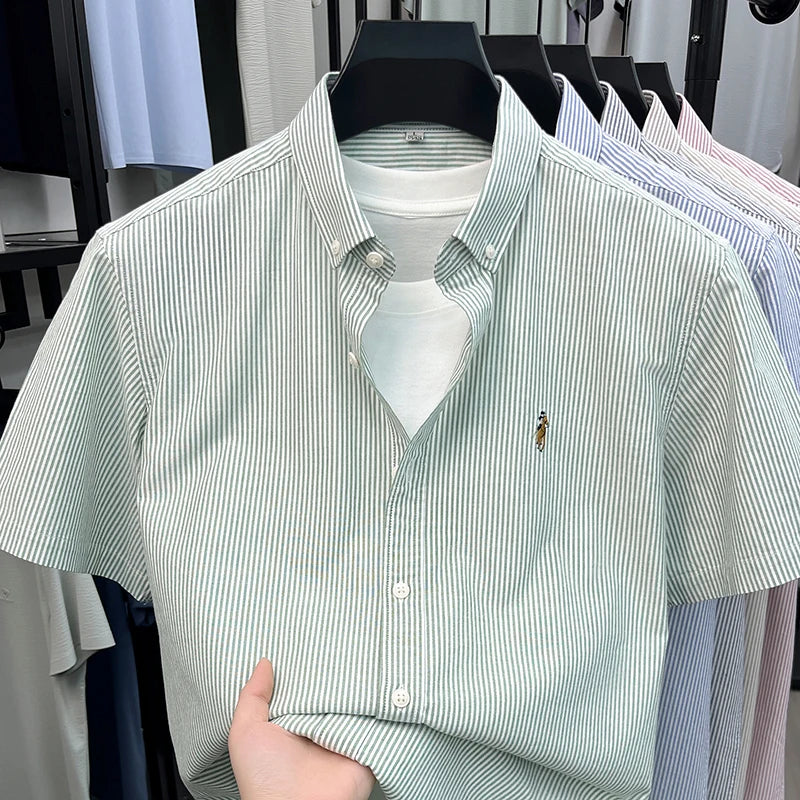 100% Pure Cotton Short Sleeved Shirt 2026 Summer New Men's Button Up Lapel Fine Stripe Middle-aged and Young Half Sleeved Shirt