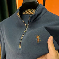 Pure Cotton Plus Size Men Zipper Stand Collar Polo Shirts Long Sleeve Autumn Winter Men T-shirts Embroidered Tops