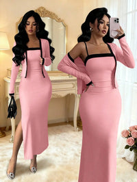Elegant Pink 2 Piece Set Long Sleeve Cardigan And Slip Dress For Party Formal Evening